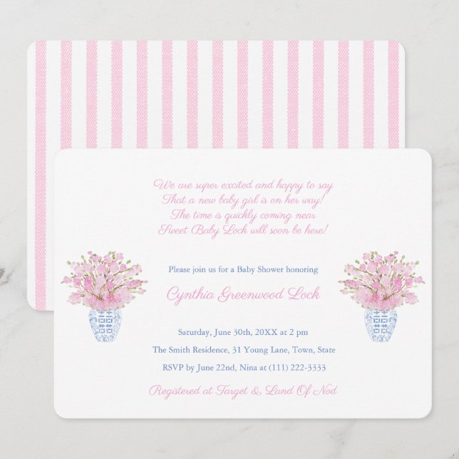 Invitation Preppy Pink Et Blue Little Girl Baby shower Party (Devant / Derrière)