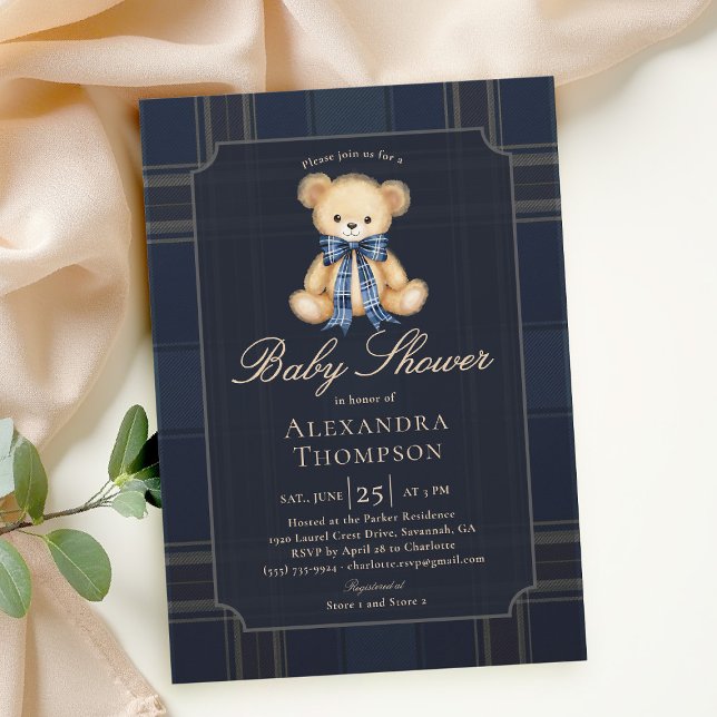 Invitation Preppy Plaid Teddy Bear Bow Blue Boy Baby Shower (preppy baby shower invitation teddy bear blue plaid bow elegant country club modern classic)