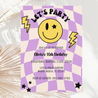 Invitation Preppy Purple Y2K Retro Smile Anniversaire Invitat