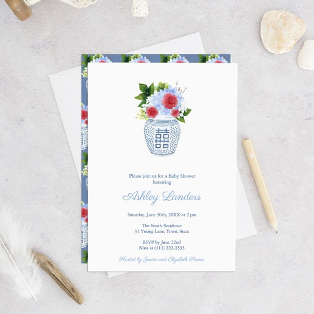 Invitation Preppy Red White Boy Baby shower Party (Baby Shower Invitation With Red White Blue Florals In Ginger Jar Vase And Repeat Pattern Vase Backer)