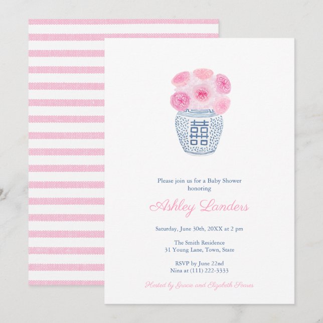 Invitation Preppy rose Roses Ginger Jar Baby shower fille Inv (Devant / Derrière)