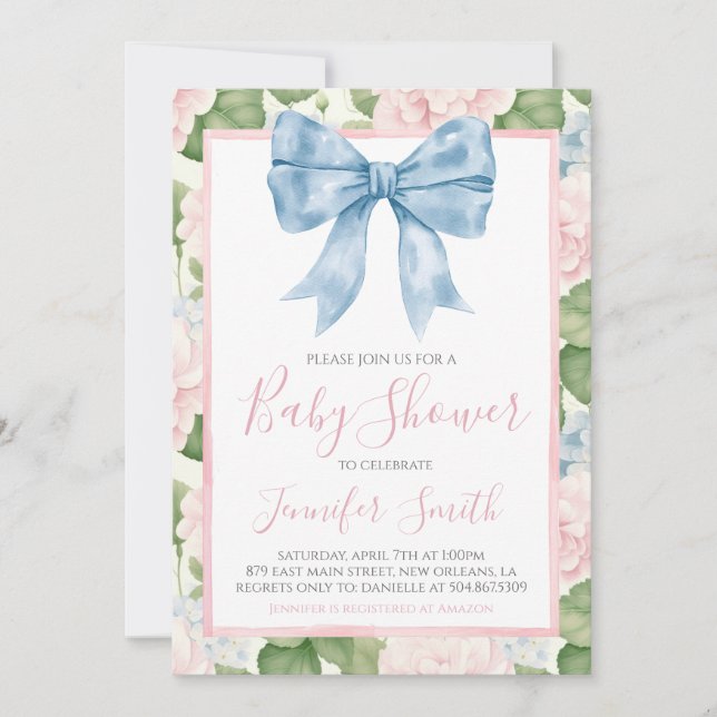 Invitation Preppy Southern Blue Bow Girl Baby shower (Devant)