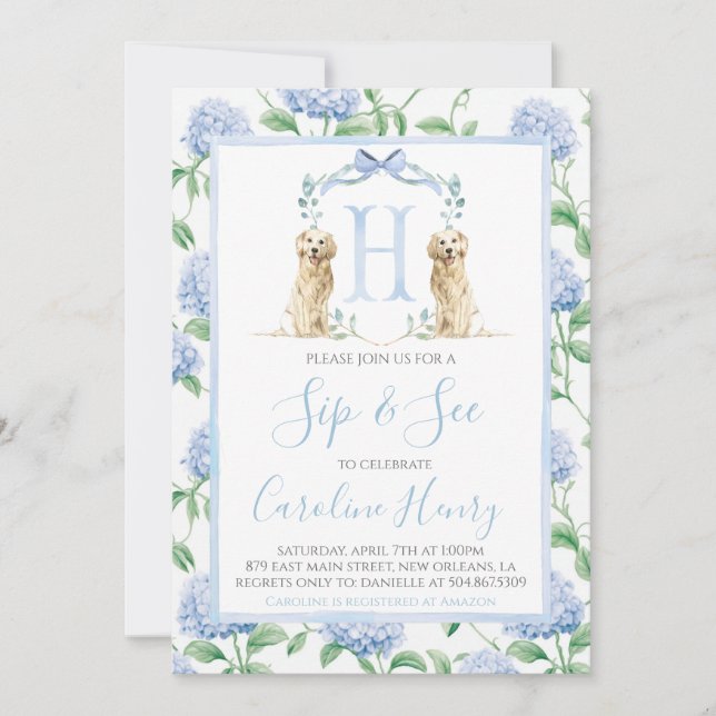 Invitation Preppy Southern Blue Boy Chien Sip & See (Devant)