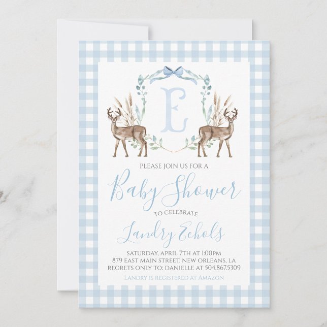 Invitation Preppy Southern Blue Boy Deer Hunter Baby shower (Créateur téléchargé)