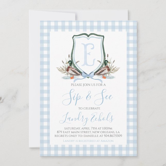 Invitation Preppy Southern Blue Boy Duck Baby Sip & See (Devant)