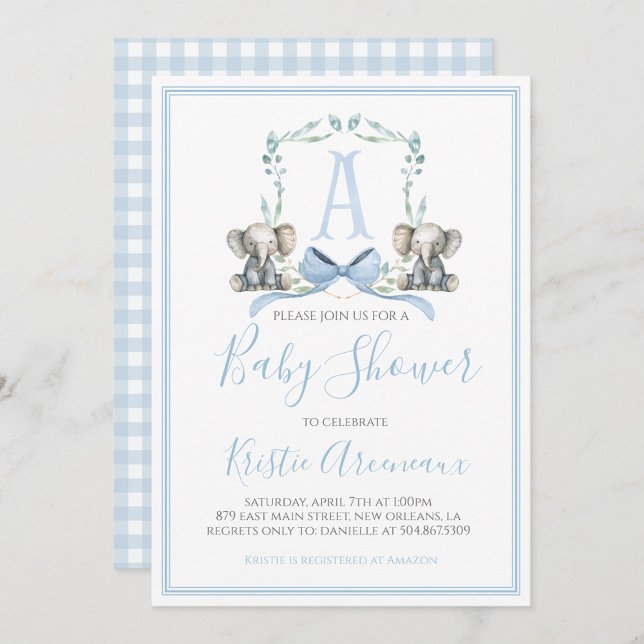 Invitation Preppy Southern Blue Boy Elephant Baby shower (Créateur téléchargé)
