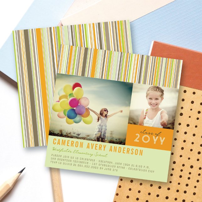 Invitation Preppy Stripes Moderne 2 Photo Graduation Party (Preppy Orange, Lime Green and Grey Stripes Modern 2 Photo Graduation Party Invitation @ fatfatin)