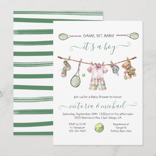 Invitation Preppy Tennis Boy Baby shower (Devant / Derrière)