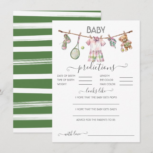 Invitation Preppy Tennis Clothesline Baby Predictions Jeu (Devant / Derrière)