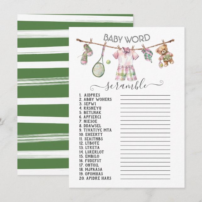 Invitation Preppy Tennis Clothesline Baby Word Scramble (Devant / Derrière)