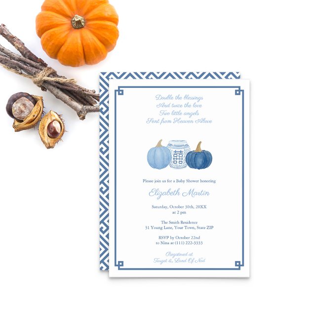 Invitation Preppy Twin Boys Citrouille Automne Baby shower Pa (Twin Boys Poem Baby Shower Invite With Light & Dark Blue Pumpkins And Ginger Jar. Greek Key Reverse)