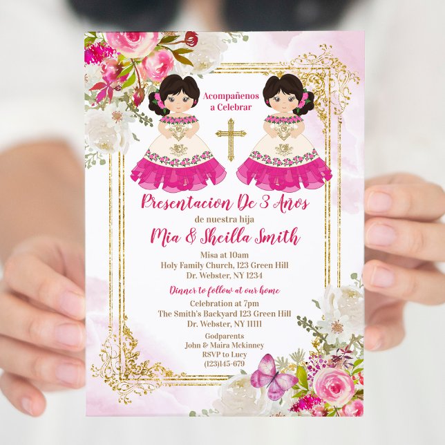 Invitation Présentacion jumelle blanche et rose De 3 Años (Créateur téléchargé)