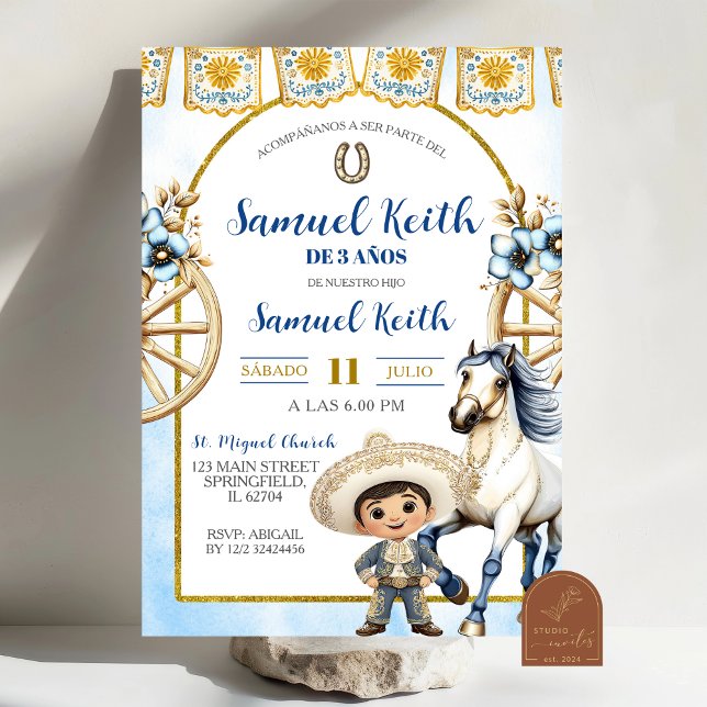 Invitation Présentation de 3 ans Garçon Bleu Marine Charro et (Créateur téléchargé)