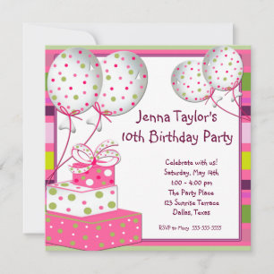 Invitation Présents Ballons Roses Fille Fête d'anniversaire
