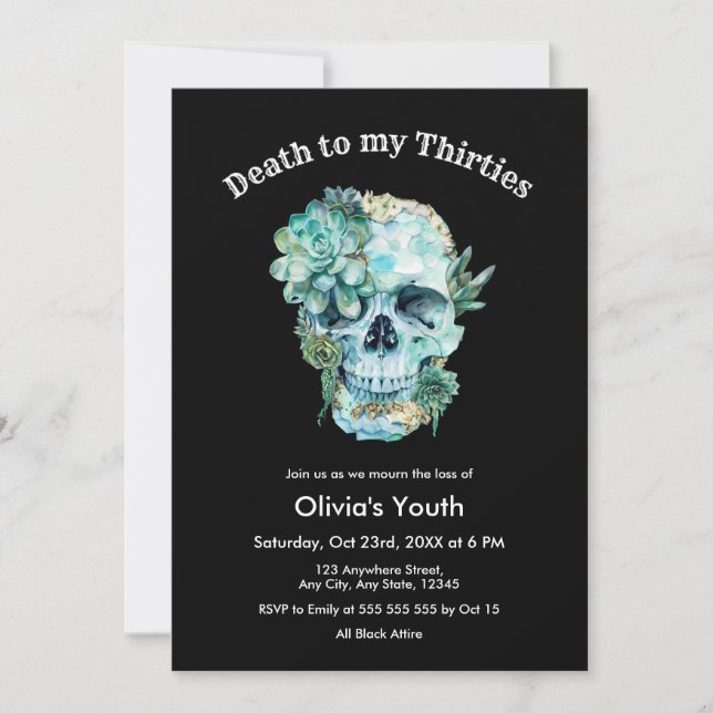 Invitation Presse crâne 30s 40e anniversaire Mort à mes trent (Devant)