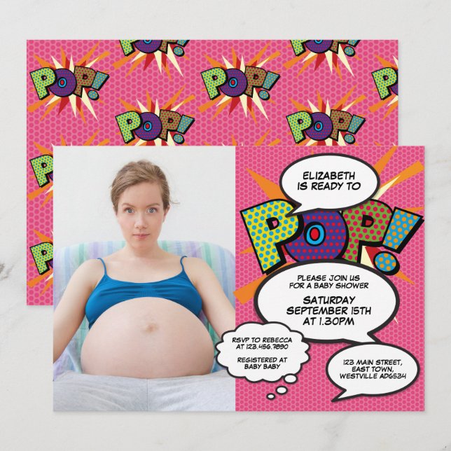 Invitation Prêt à pop Baby shower moderne fille rose photo (Devant / Derrière)