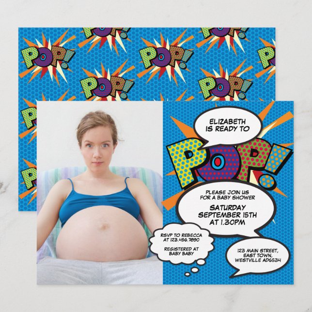 Invitation Prêt à pop Baby shower moderne Fun Boy Blue Photo (Devant / Derrière)