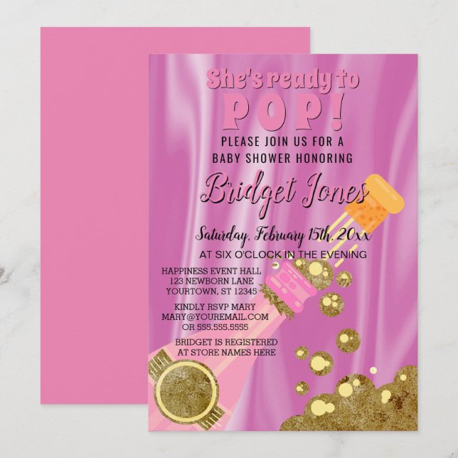Invitation Prêt à pop Champagne Rose Baby Girl Douche (Devant / Derrière)