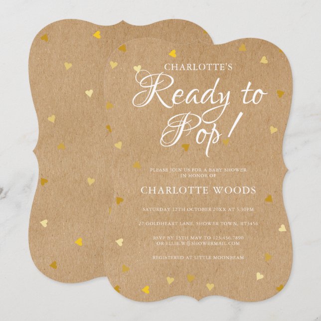 Invitation Prêt À Pop Gold Hearts Baby shower Rustic Kraft (Devant / Derrière)