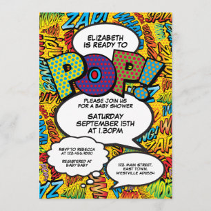 Invitation Prêt pour la pop Baby shower Comic Book Fun