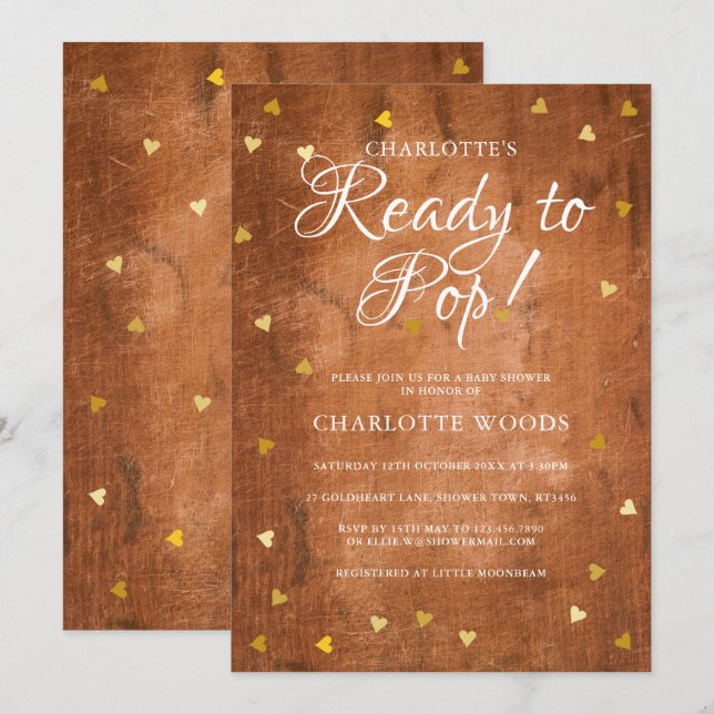 Invitation Prêt pour la pop Baby shower Gold Hearts Rustic Wo (Devant / Derrière)