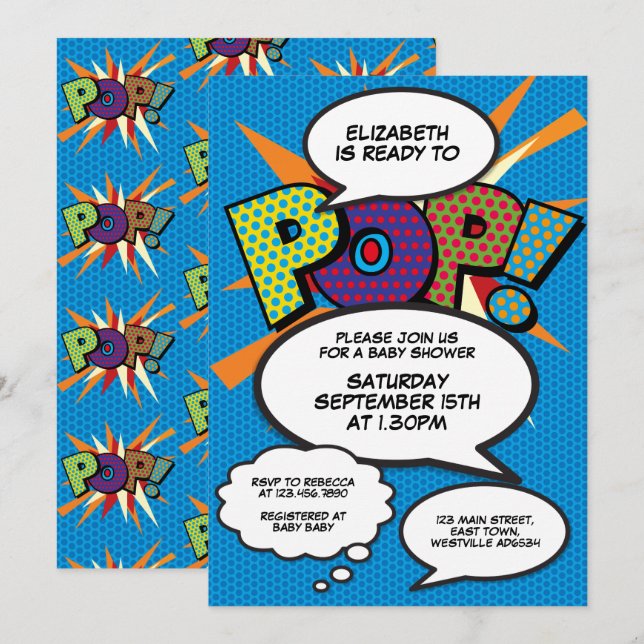 Invitation Prêt pour la pop Baby shower Modern Boy Blue (Devant / Derrière)