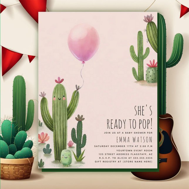 Invitation Prêt pour la Pop Girl Balloon Cactus Baby shower v (Créateur téléchargé)