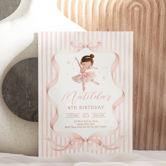 Invitation Pretty Ballerina Pink Bow Ribbon Ballet Birthday (Créateur téléchargé)