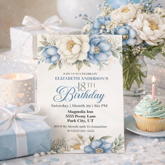 Invitation Pretty Blue Magnolia and Peony 18th Birthday (Créateur téléchargé)