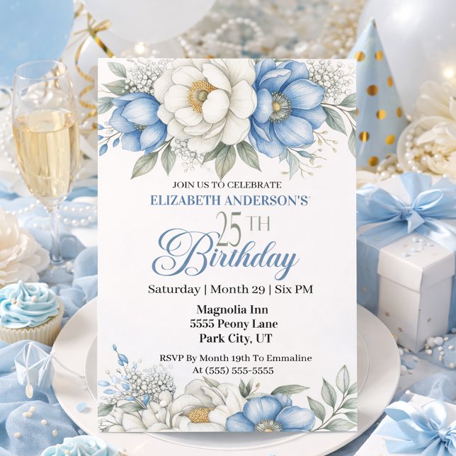 Invitation Pretty Blue Magnolia and Peony 25th Birthday (Créateur téléchargé)