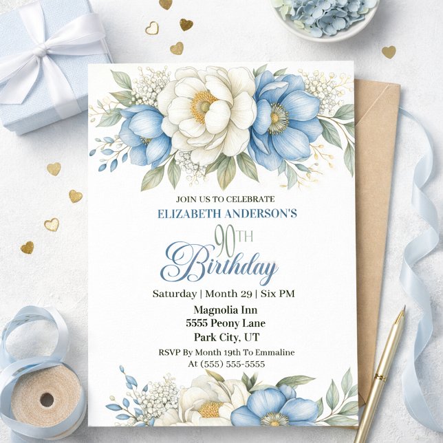 Invitation Pretty Blue Magnolia and Peony 90th Birthday (Créateur téléchargé)