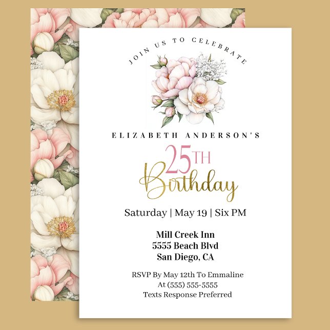 Invitation Pretty Blush Pink Peony Floral 25th Birthday (Créateur téléchargé)