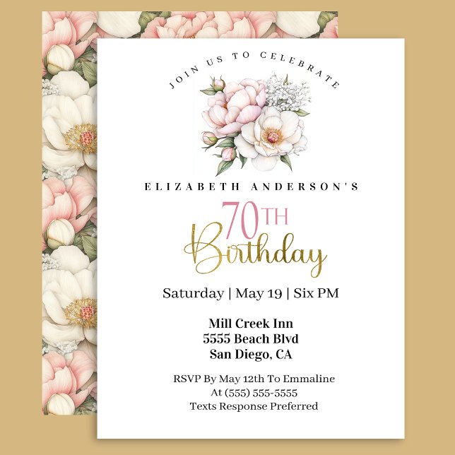 Invitation Pretty Blush Pink Peony Floral 70th Birthday (Créateur téléchargé)