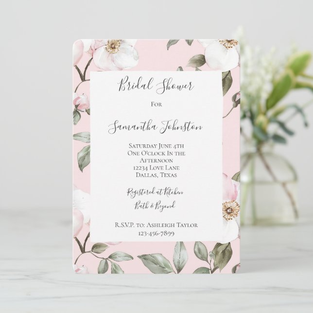Invitation Pretty Blush Pink White Flowers Bridal Shower (Debout devant)