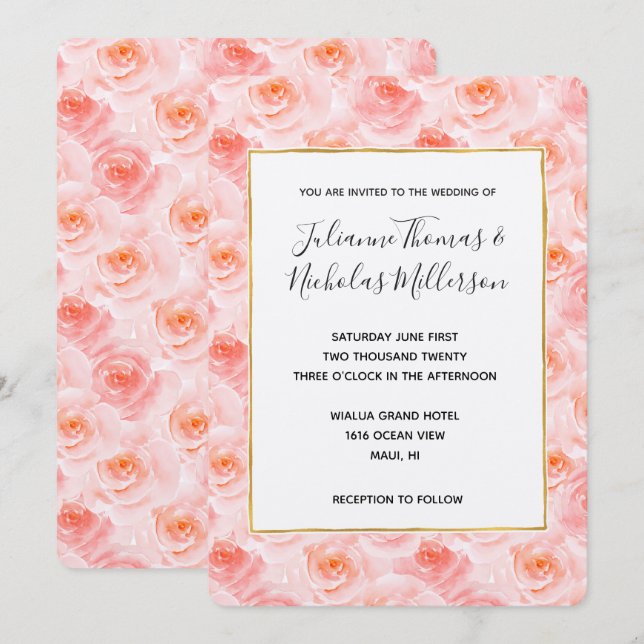 Invitation Pretty Blush Rose Aquarelle Roses mariage invite (Devant / Derrière)