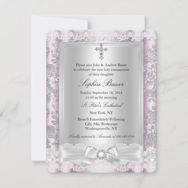 Invitation Pretty Bow Cross Première communion rose 3 (Devant)