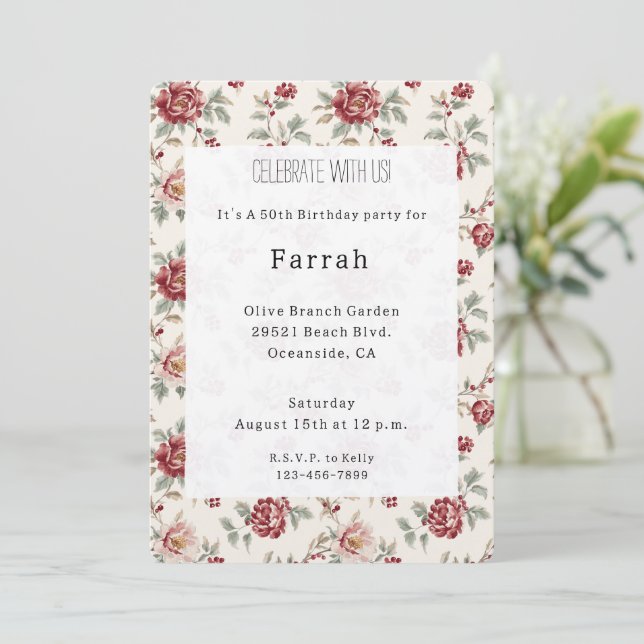 Invitation Pretty Chic Red Cream Floral Birthday   (Debout devant)