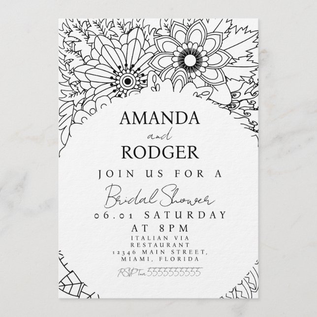 Invitation Pretty Floral Doodles Black White Bridal Shower (Devant)
