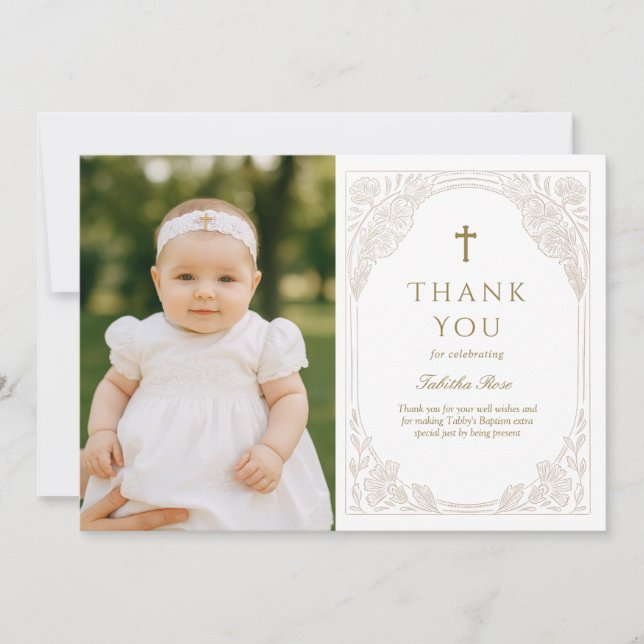 Invitation Pretty Gold Floral Baptism Thank You Card (Devant)
