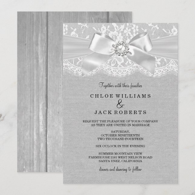 Invitation Pretty Grey Vintage dentelle & Burlap (Devant / Derrière)