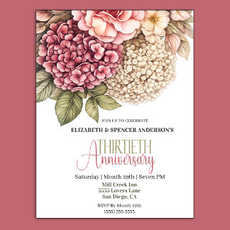 Invitation Pretty Hydrangea Rose 30th Anniversary