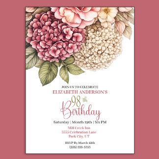 Invitation Pretty Hydrangea Rose 98th Birthday