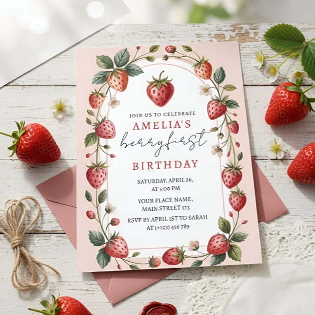 Invitation Pretty in Pink Strawberry First Birthday (Créateur téléchargé)
