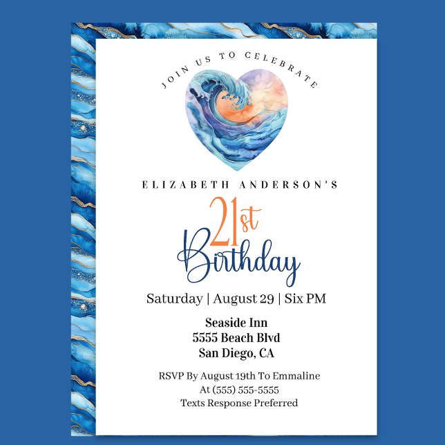 Invitation Pretty Ocean Wave Heart 21st Birthday (Créateur téléchargé)