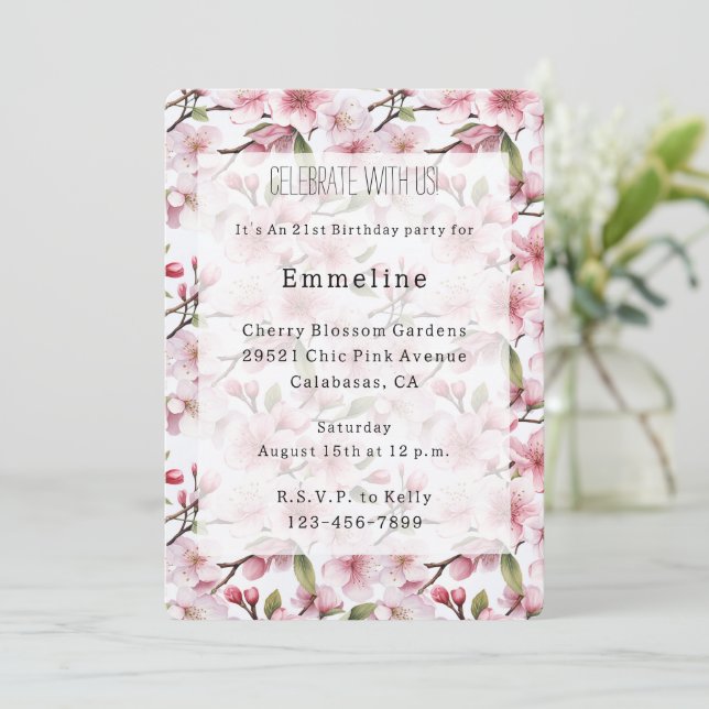 Invitation Pretty Pink Cherry Blossom Floral Birthday (Debout devant)