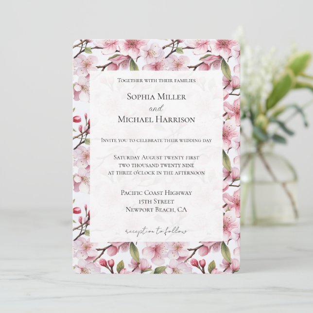 Invitation Pretty Pink Cherry Blossom Floral Wedding (Debout devant)