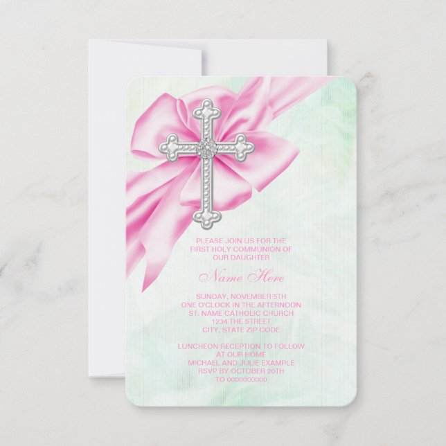 Invitation Pretty Pink et Green First Communion (Devant)