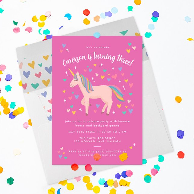 Invitation Pretty Pink Pastel Rainbow Unicorn Anniversaire Pa (blush pink unicorn with hearts and stars invites friends to a magical party on this hot pink invite)