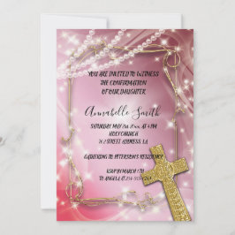 Invitation Pretty Pink Pearl Cross CONFIRMATION