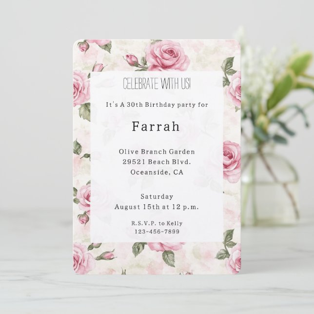 Invitation Pretty Pink Roses Floral Birthday   (Debout devant)